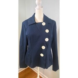 J. Peterman Asymmetrical Button Blazer Size 8 Navy Cotton Structured Jacket